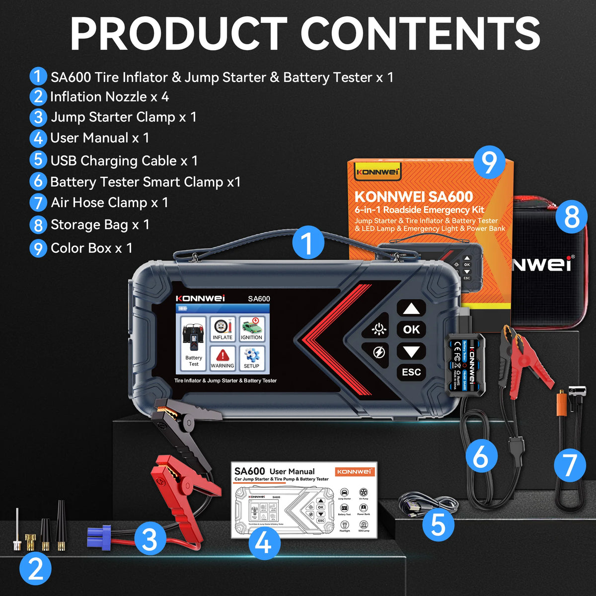 Konnwei SA600 6-in-1 Portable Jump Starter 10000mAh 1000A Peak 120PSI Air Compressor Car Battery Booster Tire Inflator