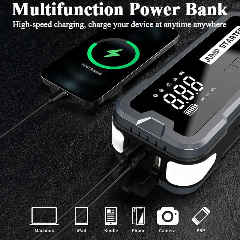 6-in-1 Portable Car Jump Starter Battery Booster Power Bank 12V 24000mAh Emergency Battery Pack Air Compressor Car Accessories