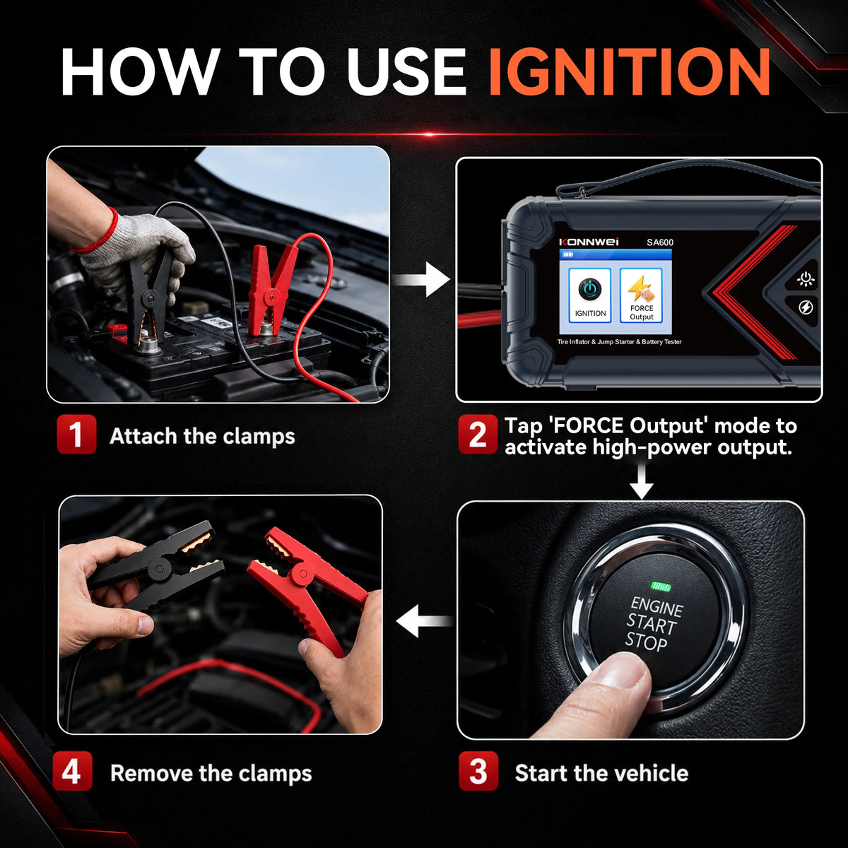 Konnwei SA600 6-in-1 Portable Jump Starter 10000mAh 1000A Peak 120PSI Air Compressor Car Battery Booster Tire Inflator