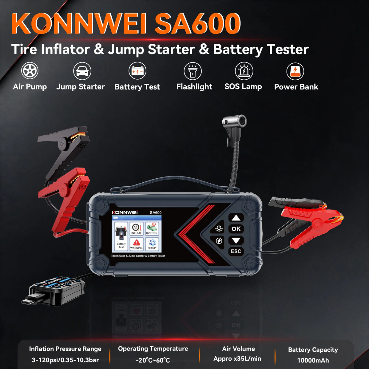Konnwei SA600 6-in-1 Portable Jump Starter 10000mAh 1000A Peak 120PSI Air Compressor Car Battery Booster Tire Inflator