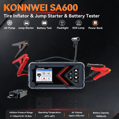 Konnwei SA600 6-in-1 Portable Jump Starter 10000mAh 1000A Peak 120PSI Air Compressor Car Battery Booster Tire Inflator