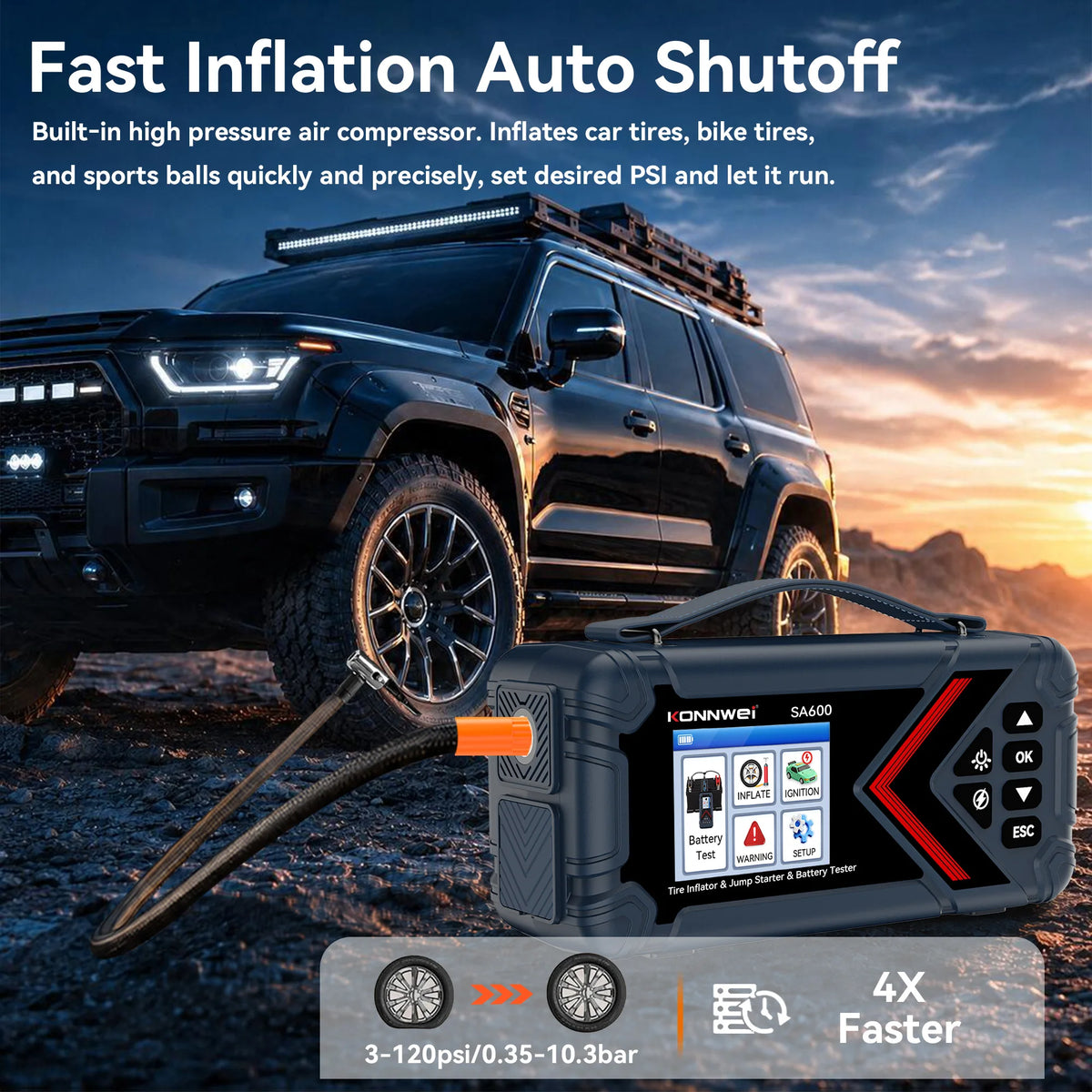Konnwei SA600 6-in-1 Portable Jump Starter 10000mAh 1000A Peak 120PSI Air Compressor Car Battery Booster Tire Inflator