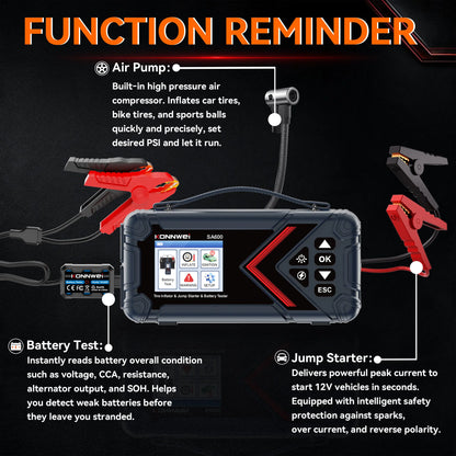 Konnwei SA600 6-in-1 Portable Jump Starter 10000mAh 1000A Peak 120PSI Air Compressor Car Battery Booster Tire Inflator