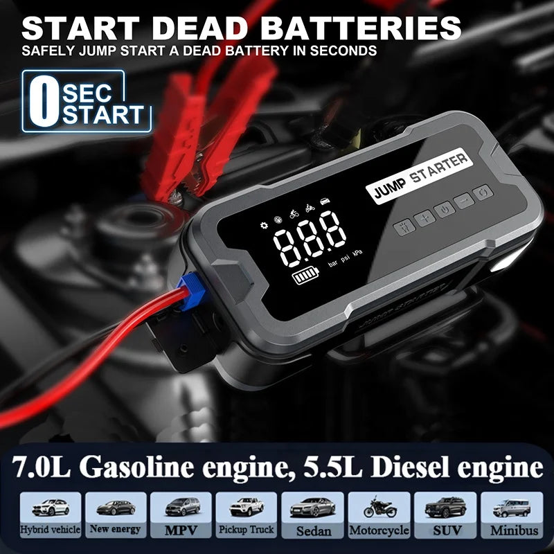 6-in-1 Portable Car Jump Starter Battery Booster Power Bank 12V 24000mAh Emergency Battery Pack Air Compressor Car Accessories