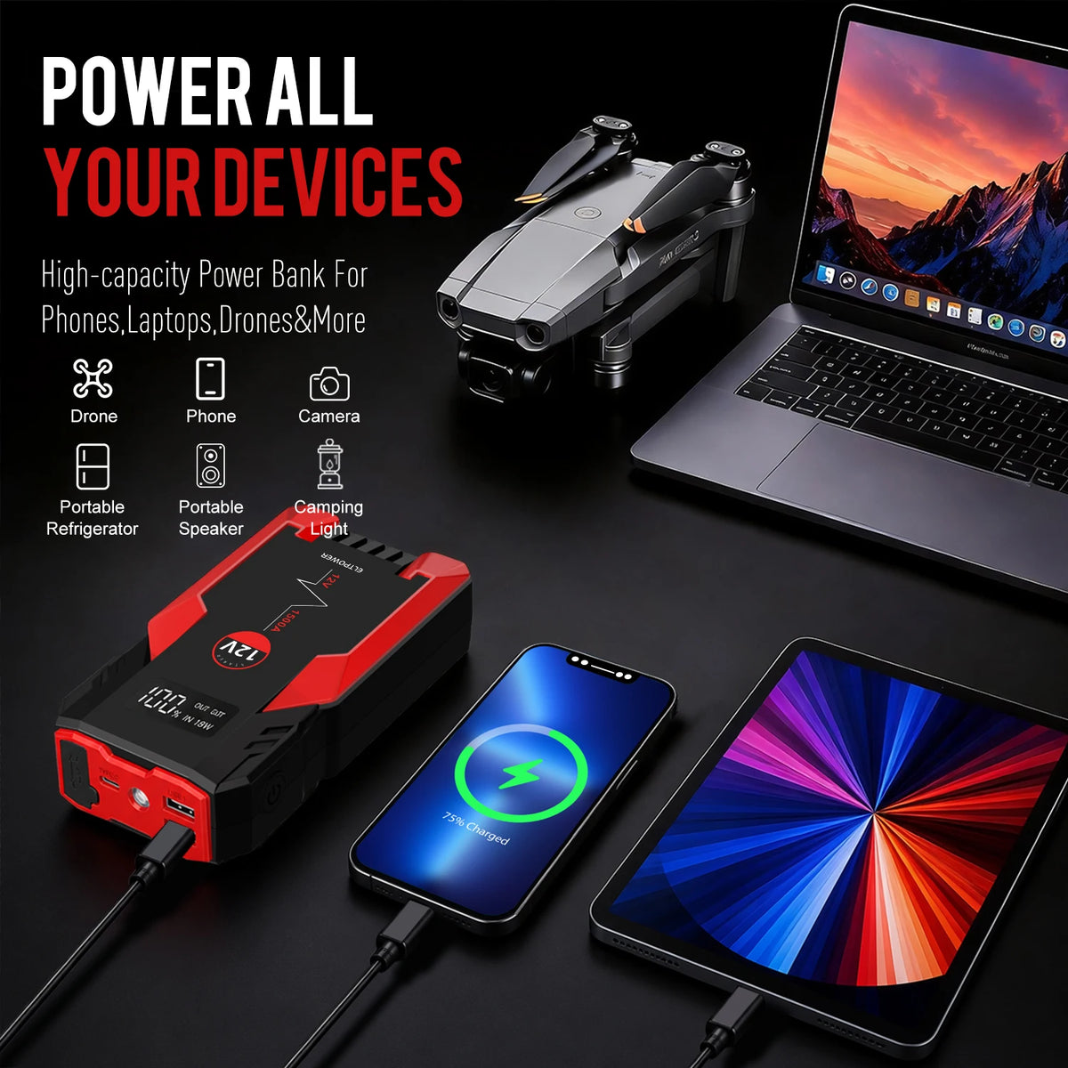 12V  Portable Jump Start Multifunction Jump Boost Power Bank with Flashlight Jump Starter
